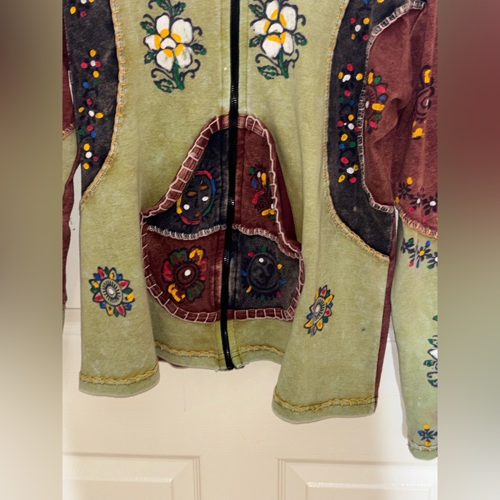 Rising International Boho Patchwork Hippie Zip Up Hoodie Jacket Nepal Size L​​ - Picture 8 of 10
